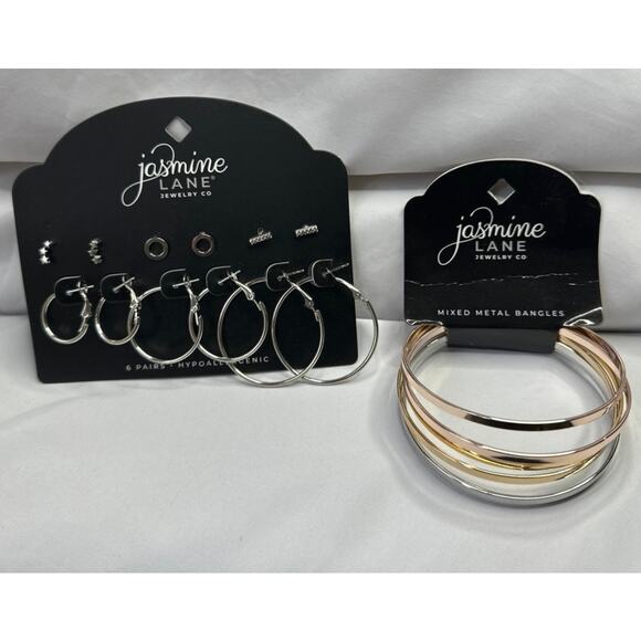 Silver Hoop and Stud Earring Set with Mixed Metal Bangles New by Jasmine Lane - Picture 1 of 8